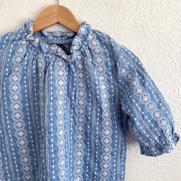 Luna Rae Chambray Eyelet Blouse Ruffle Neck Puff Sleeve Blue Embroidered Top - Picture 2 of 6